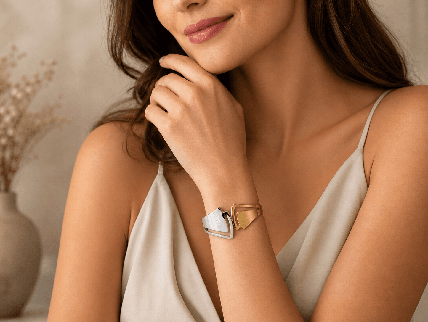 Dual Tone Geometric Open Cuff Bracelet for Women - view 1