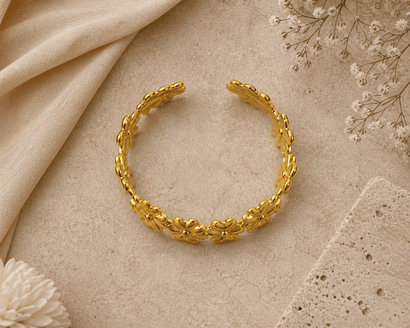 Gold Floral Open Cuff Bracelet - view 1