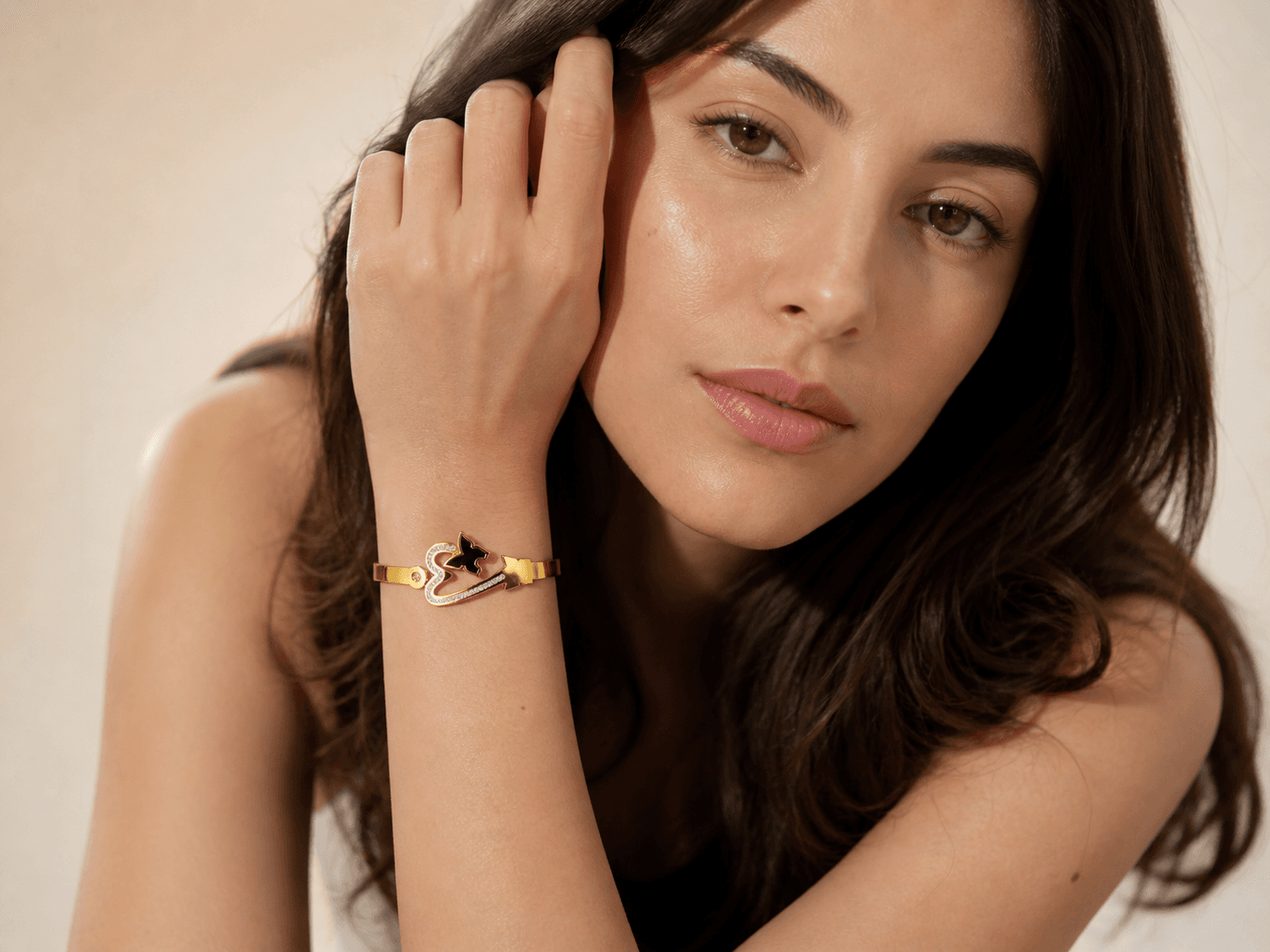 Gold Plated Butterfly Crystal Open Bracelet for Women - view 2