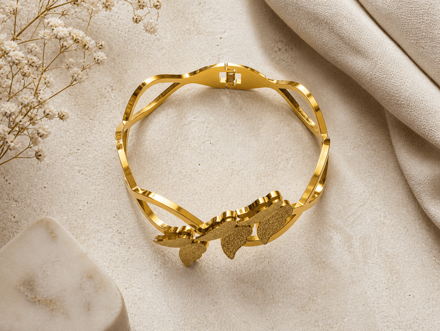 Gold Plated Butterfly Design Open Bracelet for Women - view 2