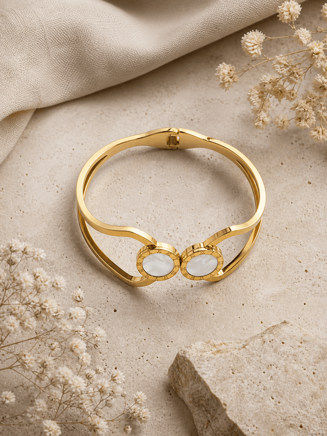 Gold Plated Dual Stone Open Cuff Bracelet for Women - view 3