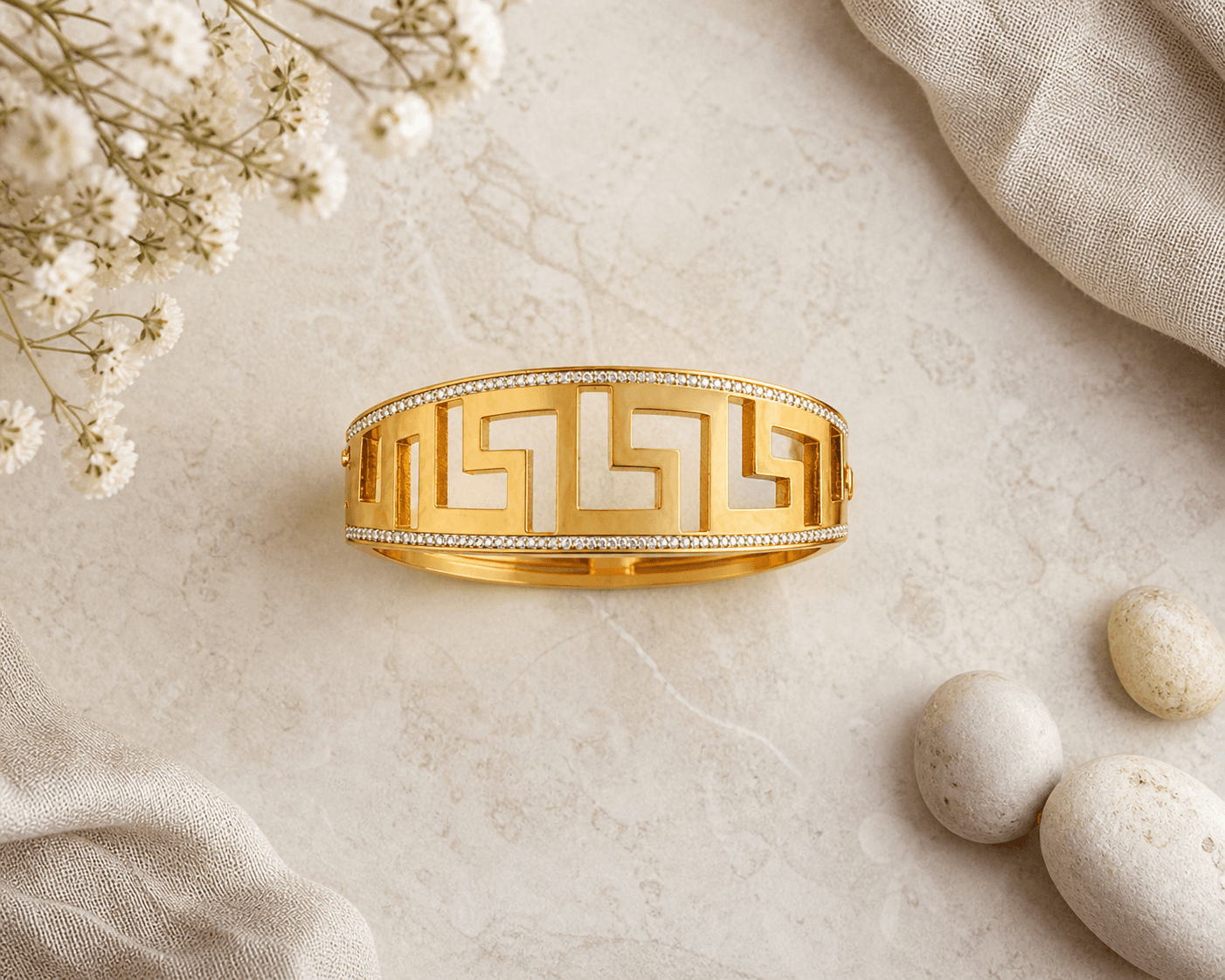 Gold Plated Greek Pattern Crystal Cuff Bracelet for Women - view 2