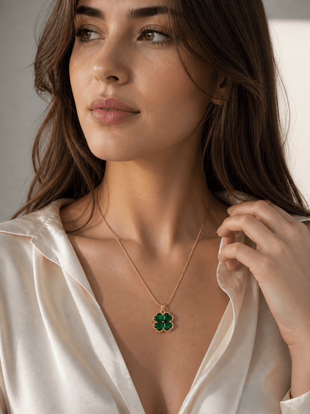 Luxury Emerald Clover Gold Plated Pendant Necklace for Women - view 2