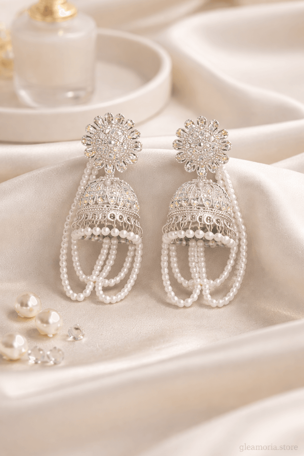 Pearl Cascade Silver-Plated Jhumka Statement Earrings for Women - view 2