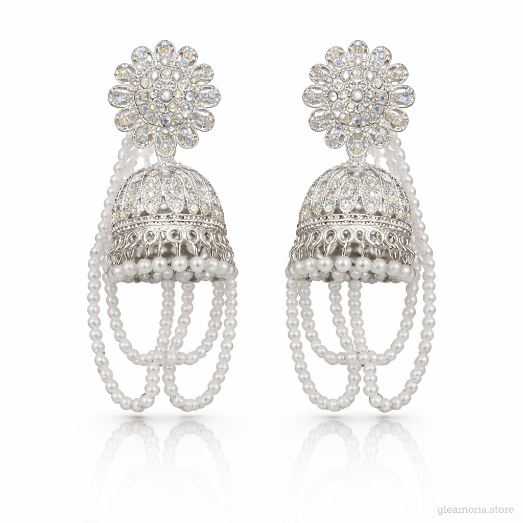 Pearl Cascade Silver-Plated Jhumka Statement Earrings for Women - view 3