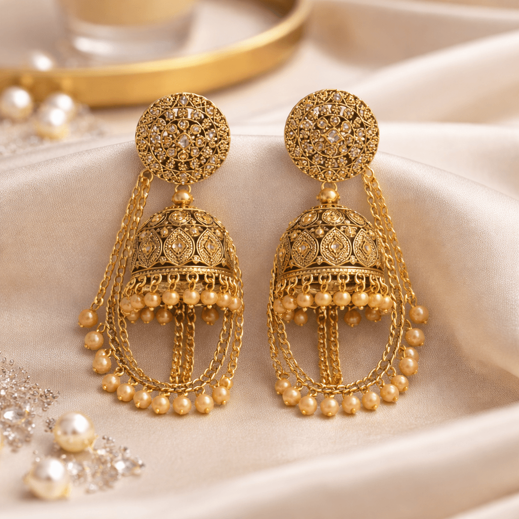 Royal Pearl Jhumka Gold Plated Statement Earrings for Women - view 3