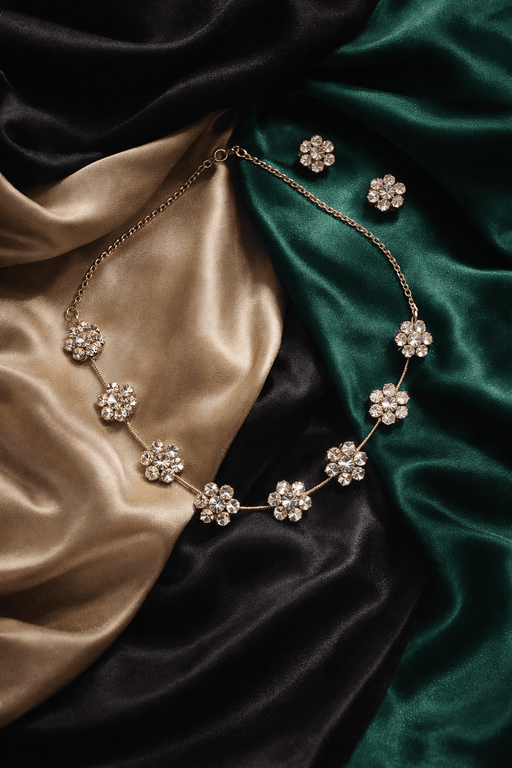 Serene Bloom Gold Crystal Floral Necklace Set with Stud Earrings - view 2