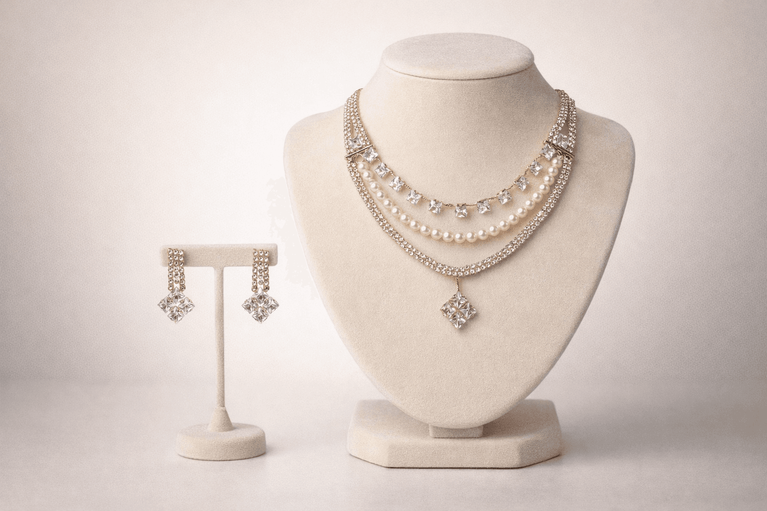 Veloura Pearl Luxe Layered Crystal Necklace Set with Pendant & Drop Earrings - view 1