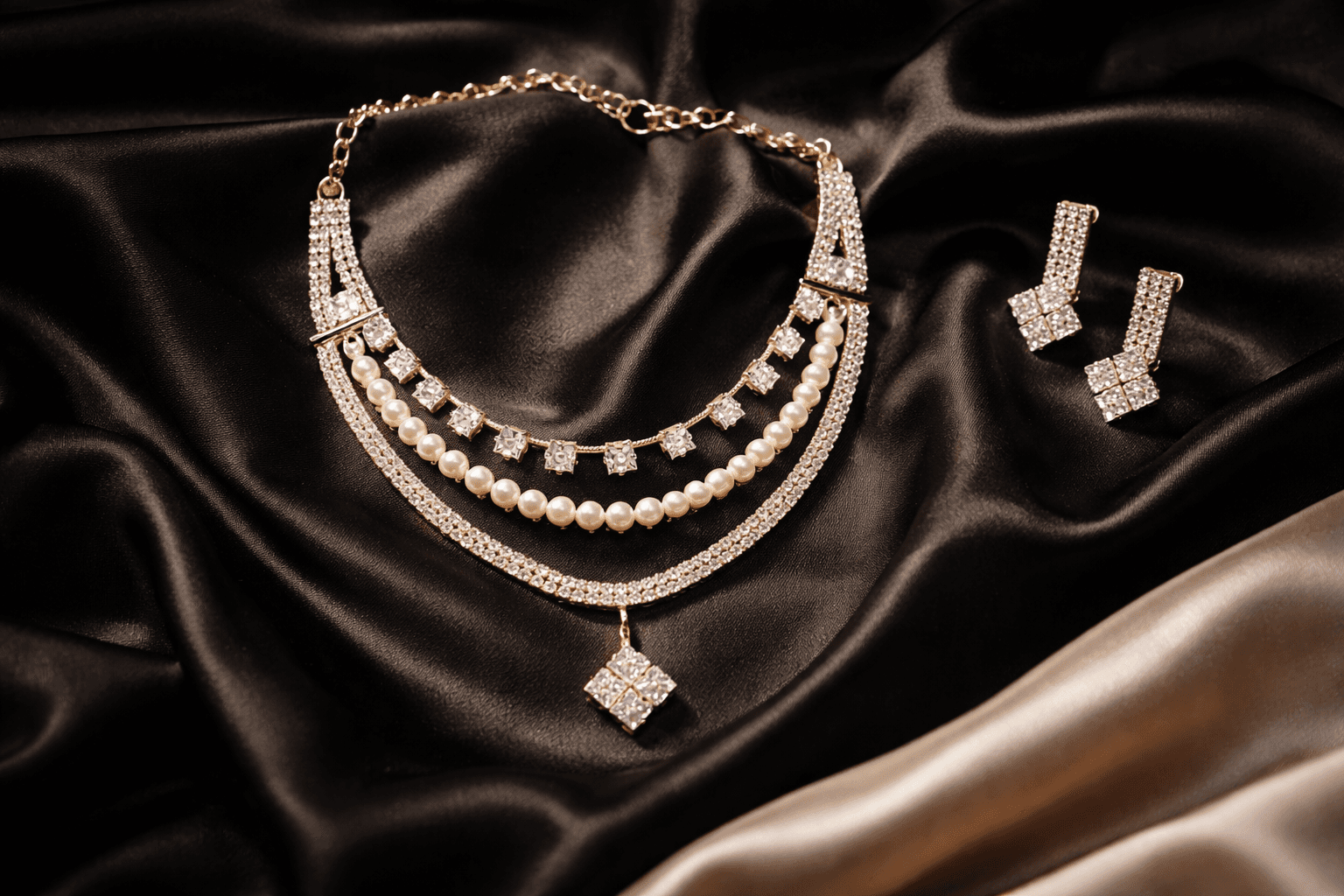 Veloura Pearl Luxe Layered Crystal Necklace Set with Pendant & Drop Earrings - view 2
