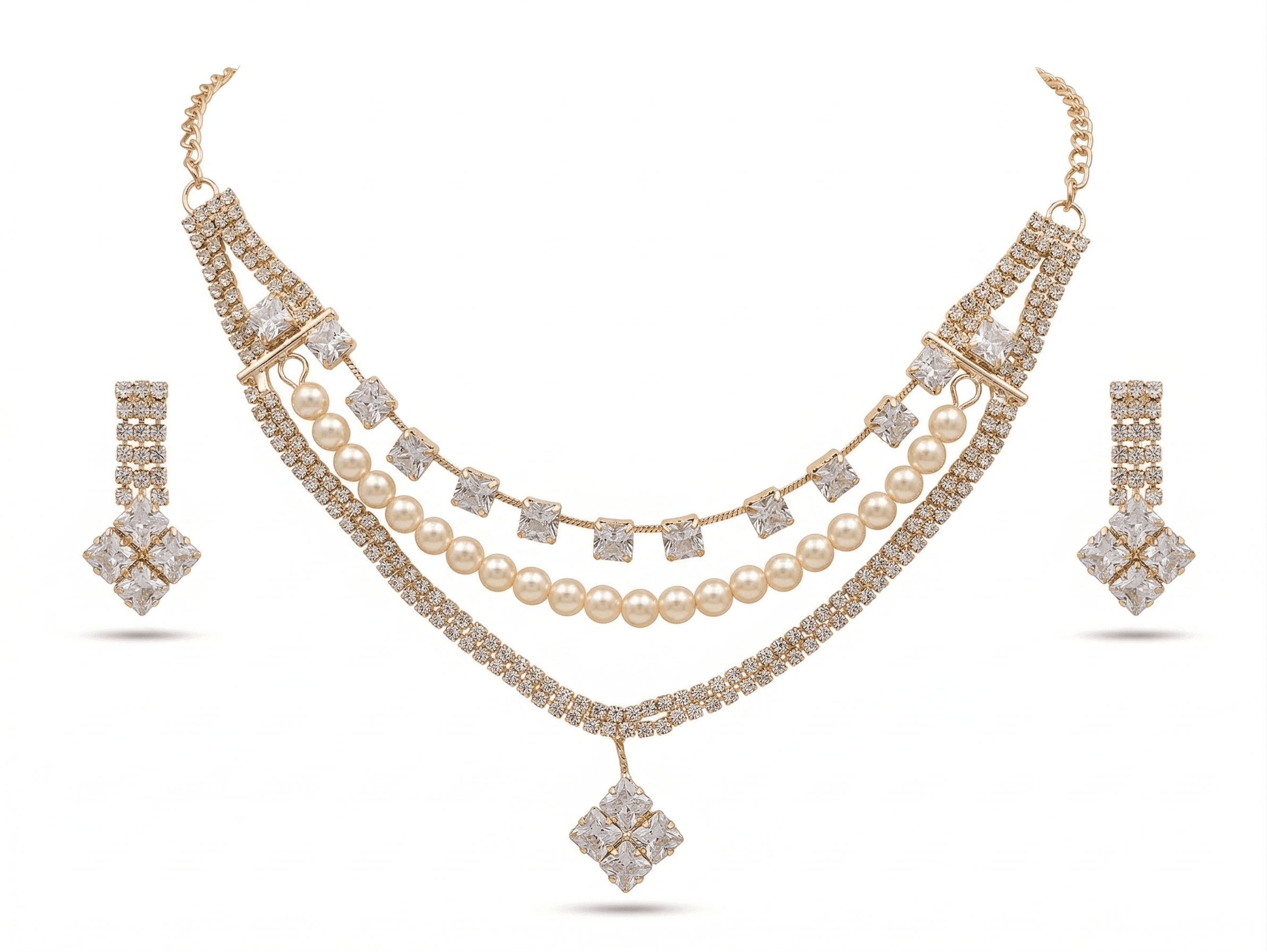 Veloura Pearl Luxe Layered Crystal Necklace Set with Pendant & Drop Earrings - view 3